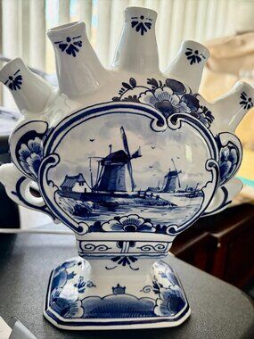 Royal Delft Blue Tulip Vase Handmade Windmill Floral Decor in Box EUC